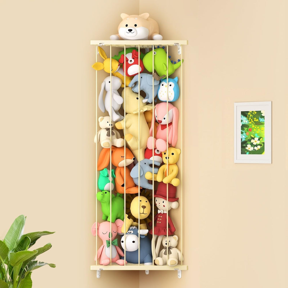 Befayoo corner stuffed animal storage on beige shelf organizes plush toys efficiently.