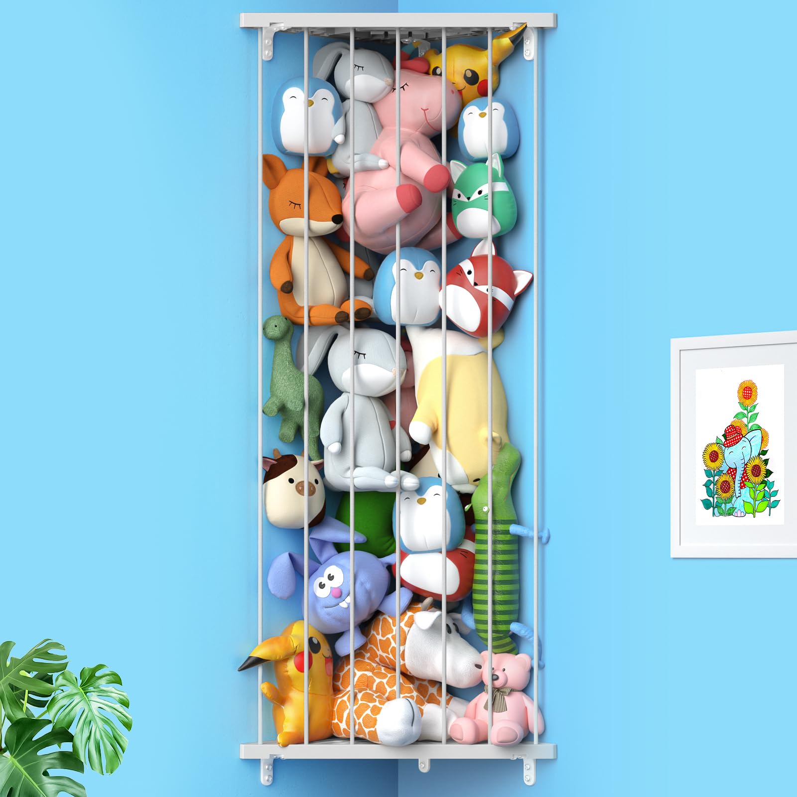 Befayoo corner stuffed animal storage shelf gray demonstrates space-saving corner design.