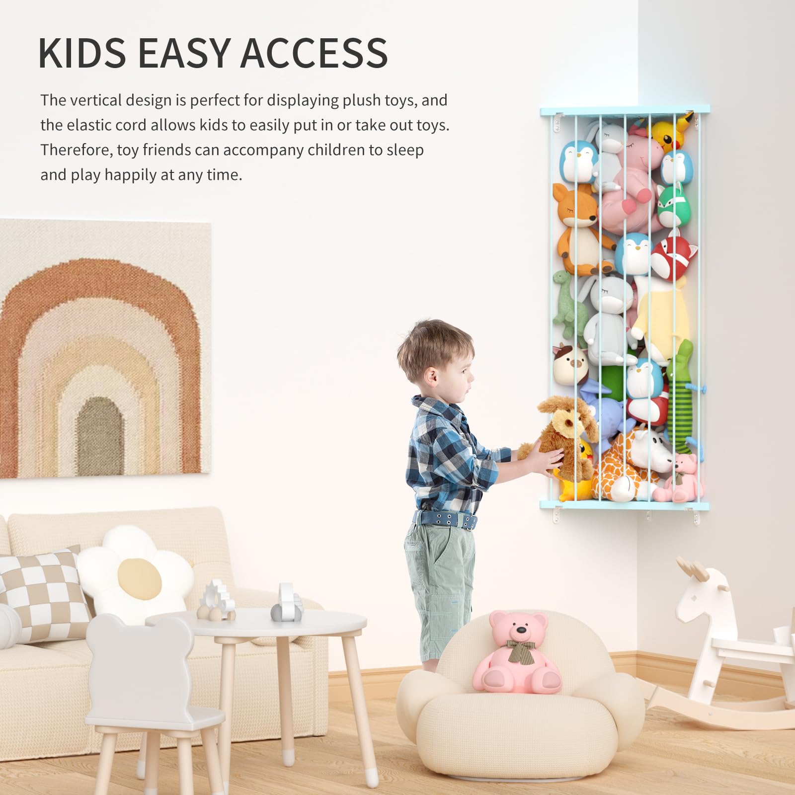 Befayoo space-saving nursery wall hanger keeps plushies organized and reachable.
