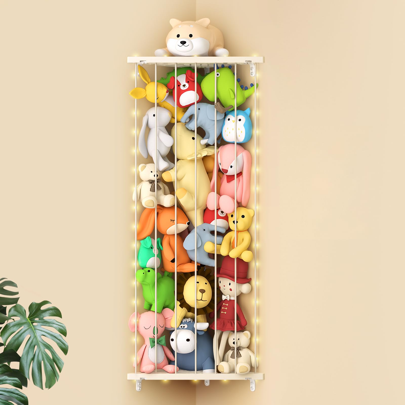 Befayoo stuffed animal storage shelf on beige corner wall offers large capacity.