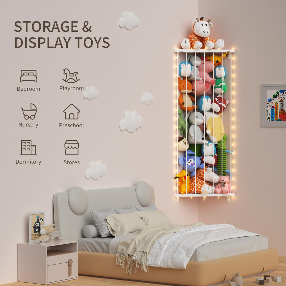 Befayoo stuffed animal storage wall with plush display shows tidy bedroom