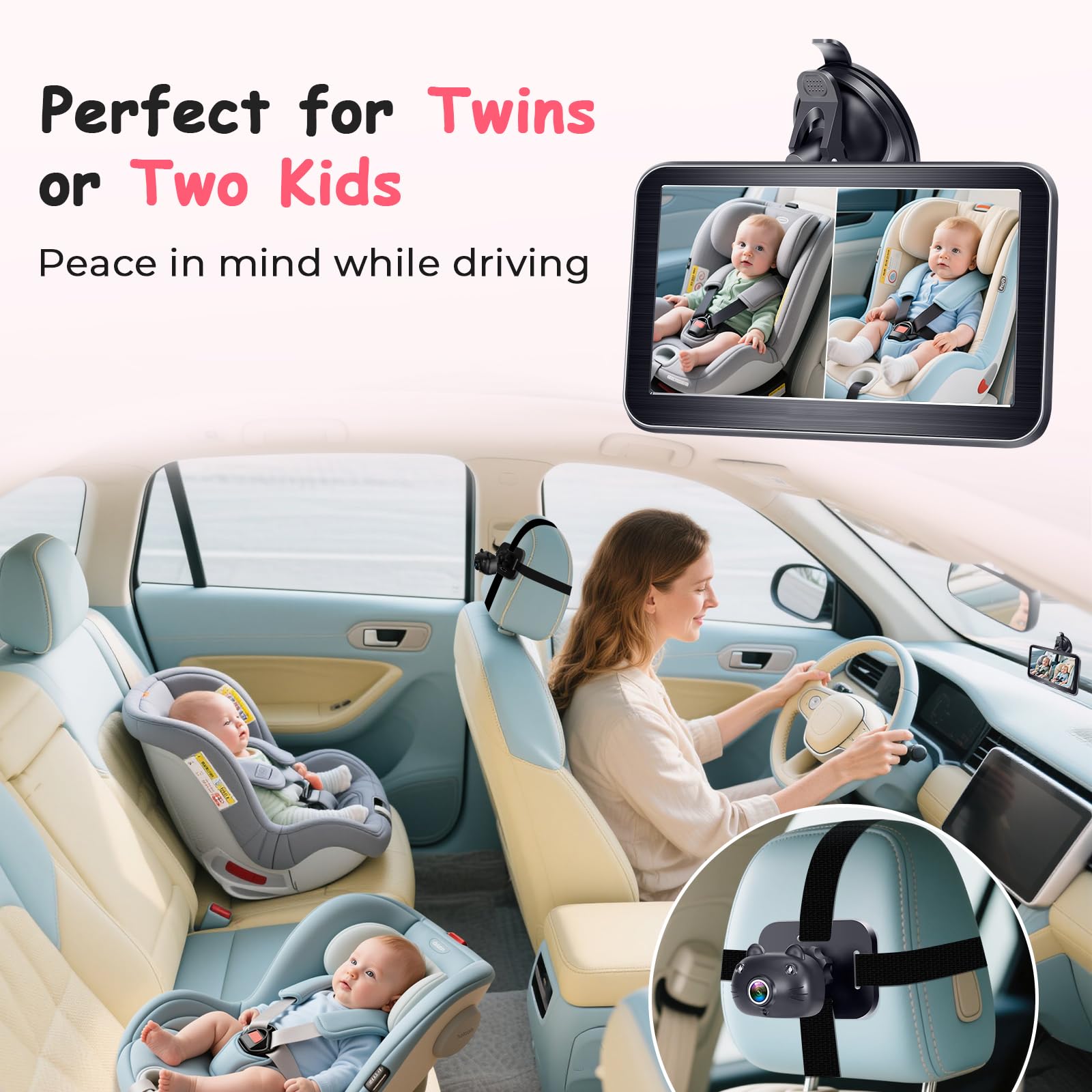 Befumly 7-inch split-screen display shows each child for distraction-free monitoring.