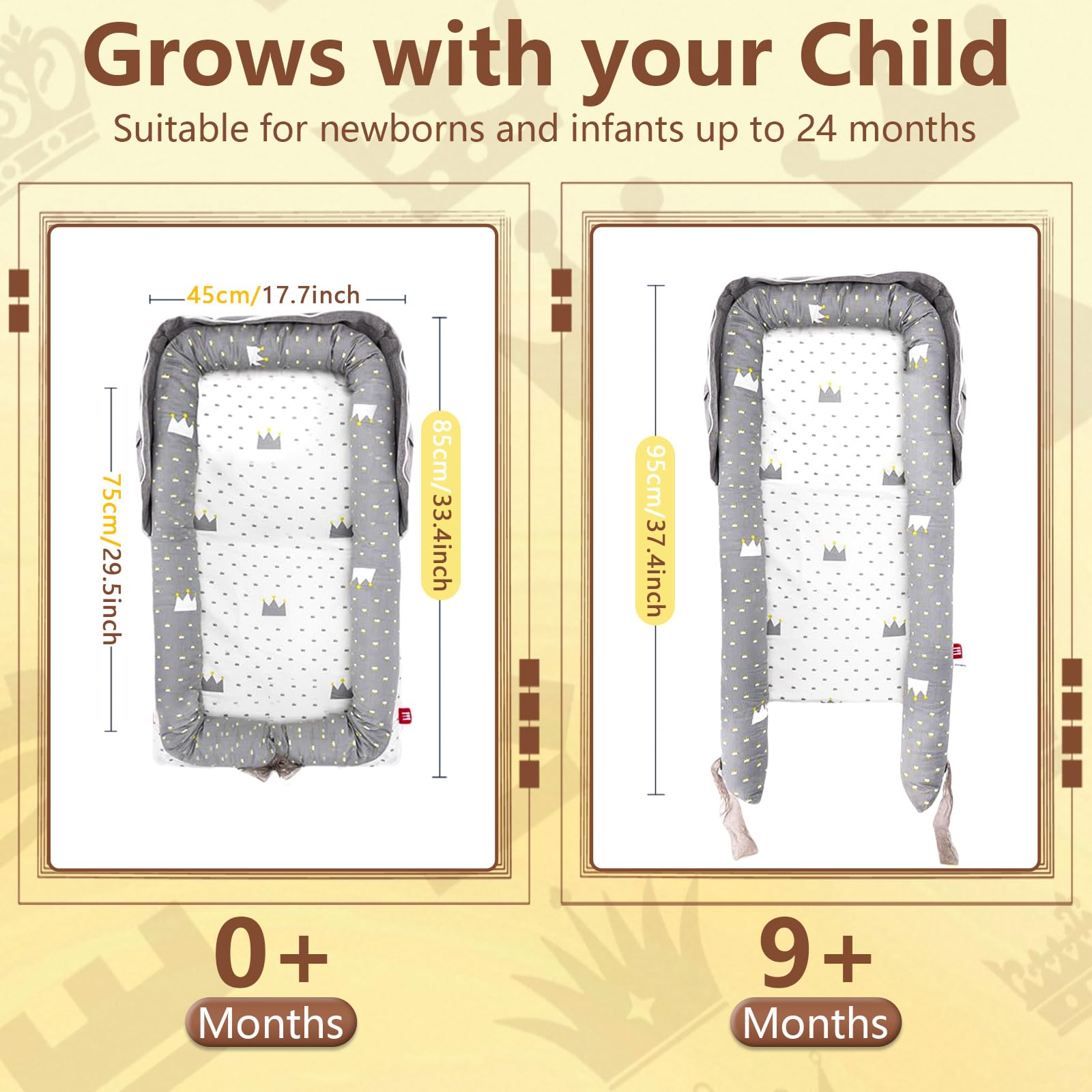 BEIARA Baby Lounger Cloud print invites cozy nap time with soft fabric and secure bumper.