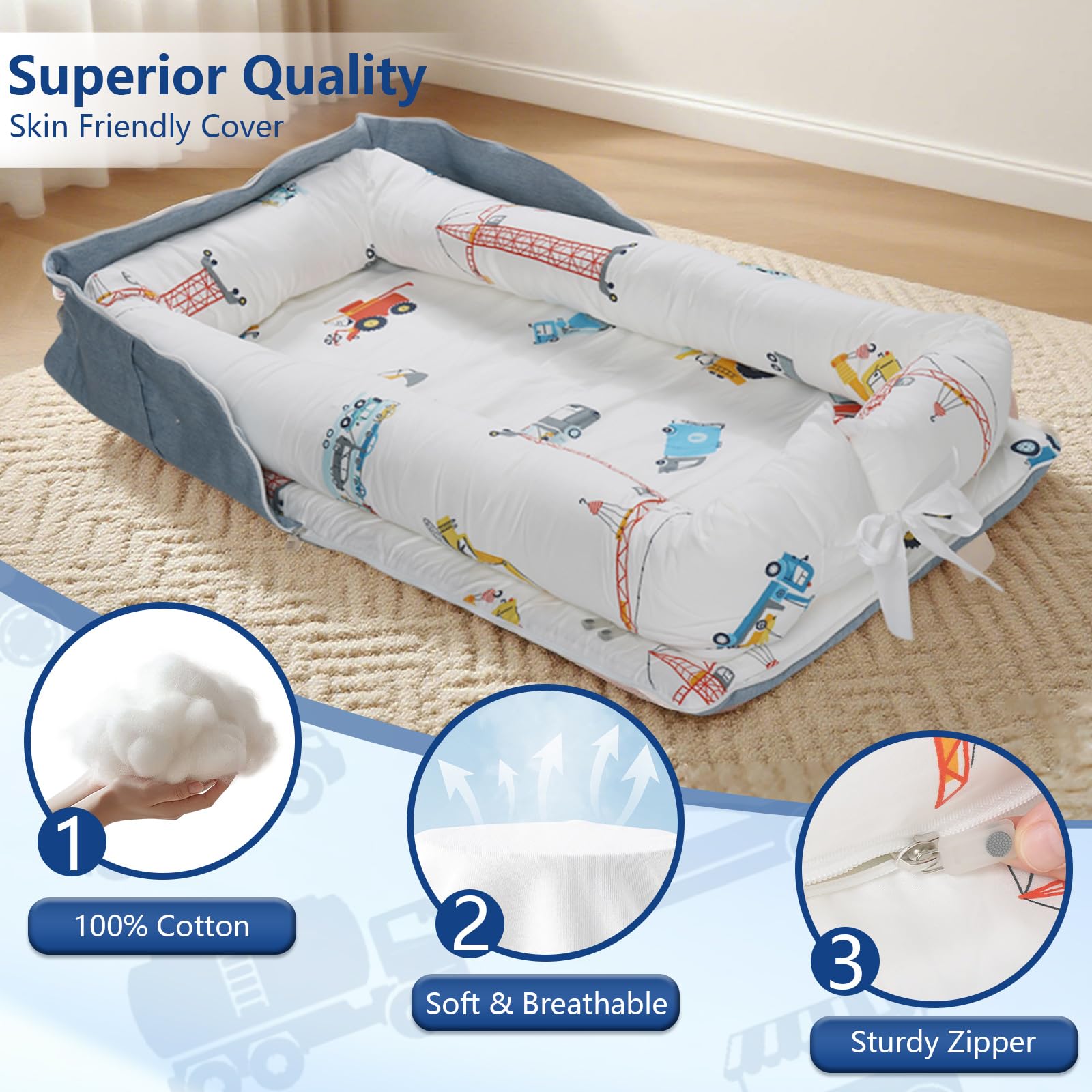 BEIARA baby lounger in compact-fold design ideal for travel and on-the-go.