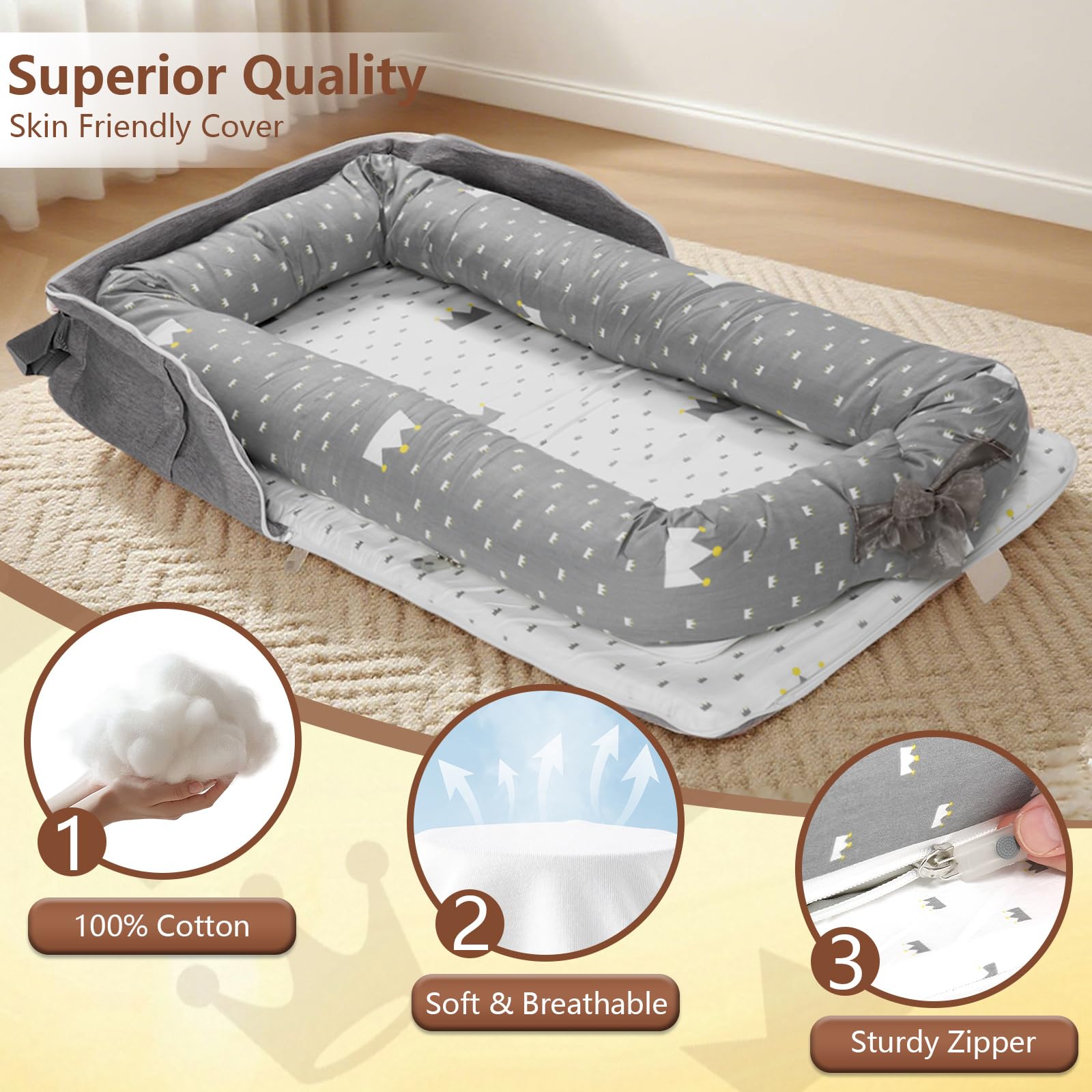 BEIARA Baby Lounger Dinosaur print highlights visual tracking and playful engagement.