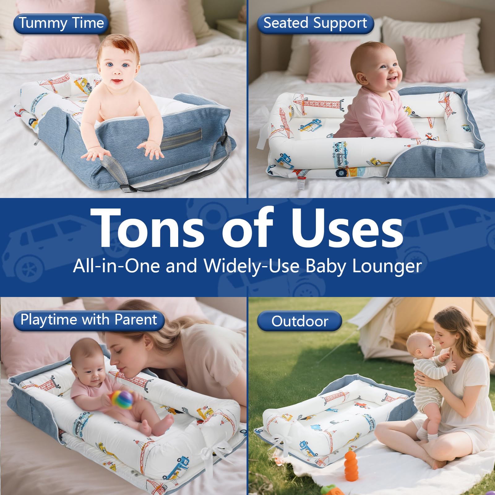 BEIARA baby lounger with removable cover for easy machine washing and mess cleanup.