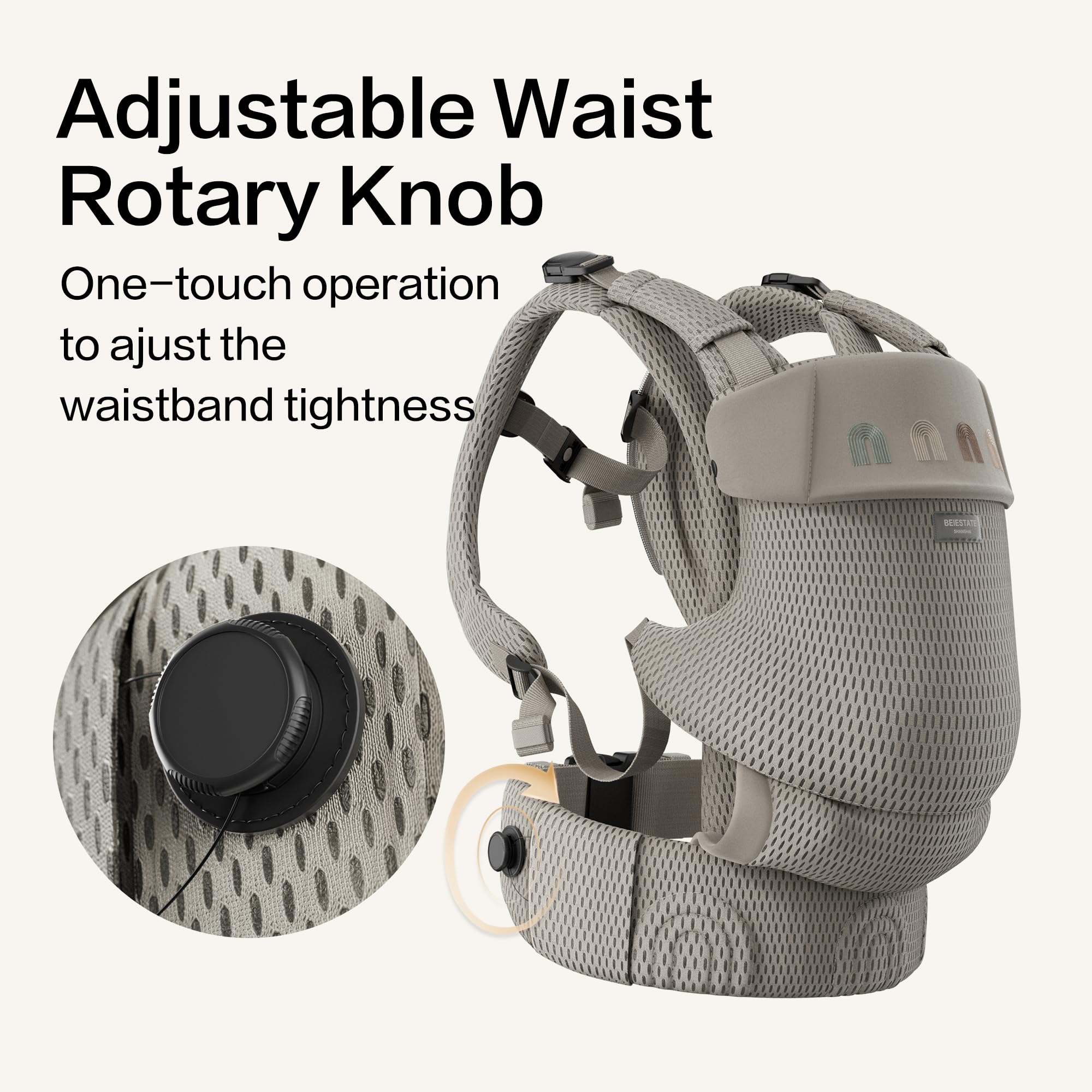 BEIESTATE Rainbow Baby Carrier adjustable-waist-knob close-up enables one-handed tightening.