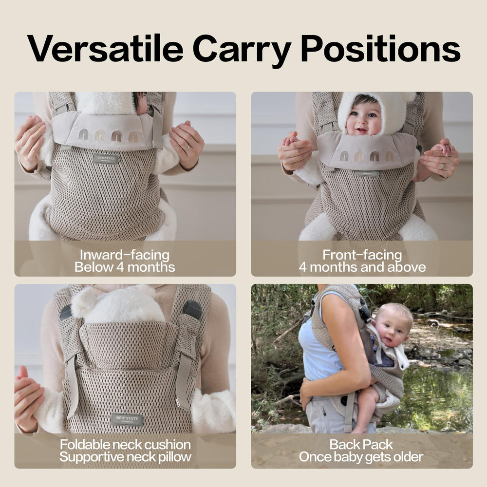 BEIESTATE Rainbow Baby Carrier newborn-to-toddler usage angle shows leg sliders adjustability.