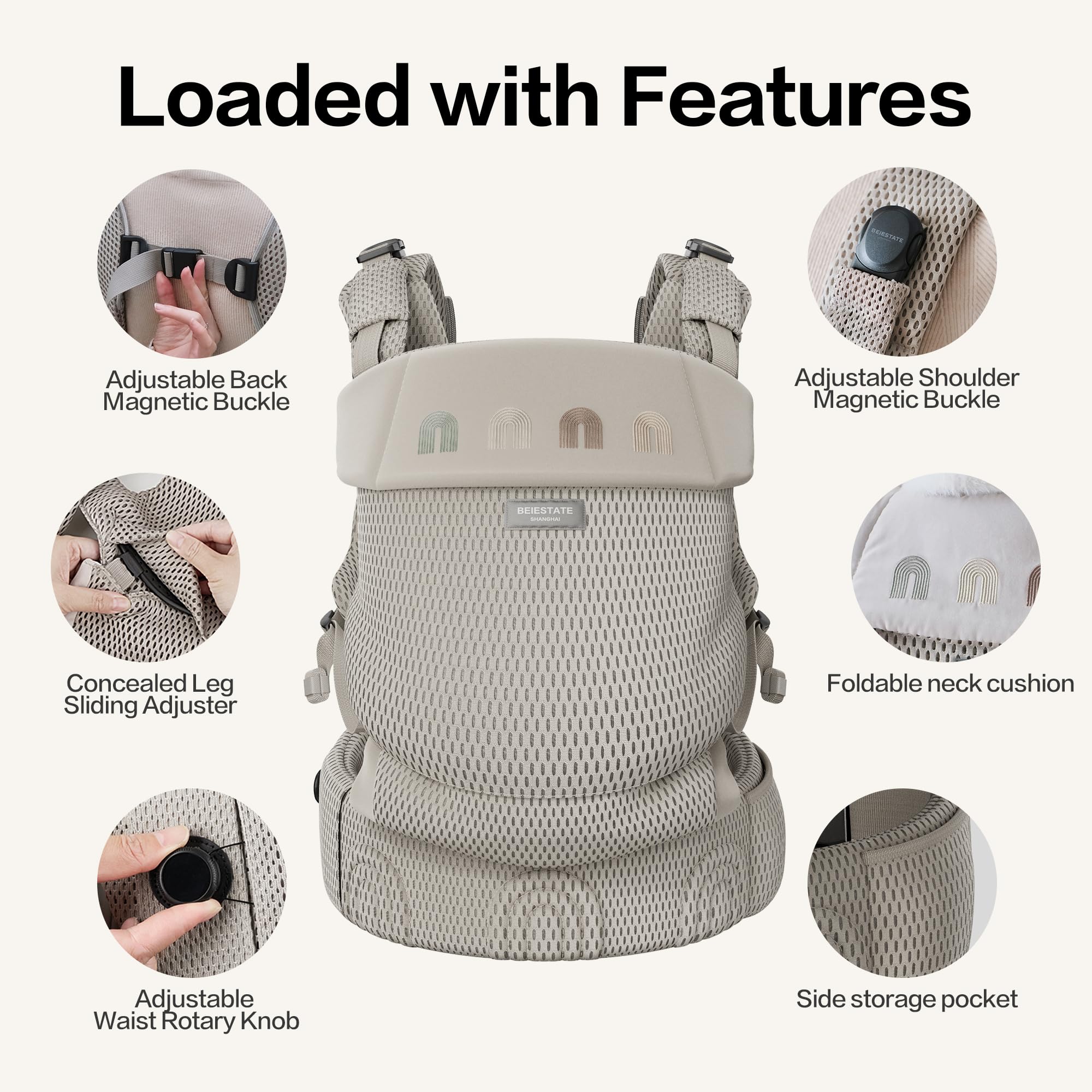 BEIESTATE Rainbow Baby Carrier ergonomic hip view shows supported baby seating.