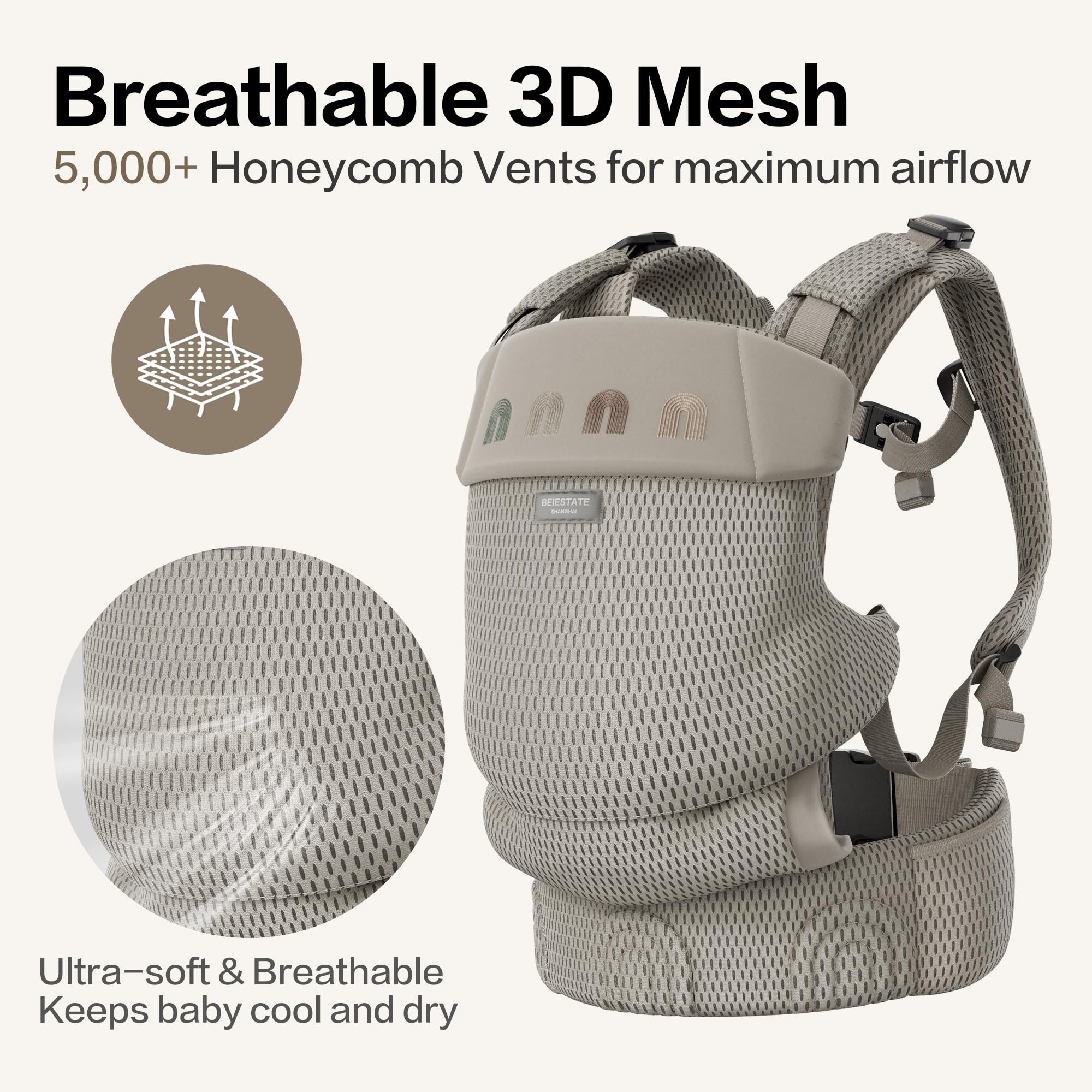 BEIESTATE Rainbow Baby Carrier mesh-fabric close-up highlights breathable, moisture-wicking comfort.