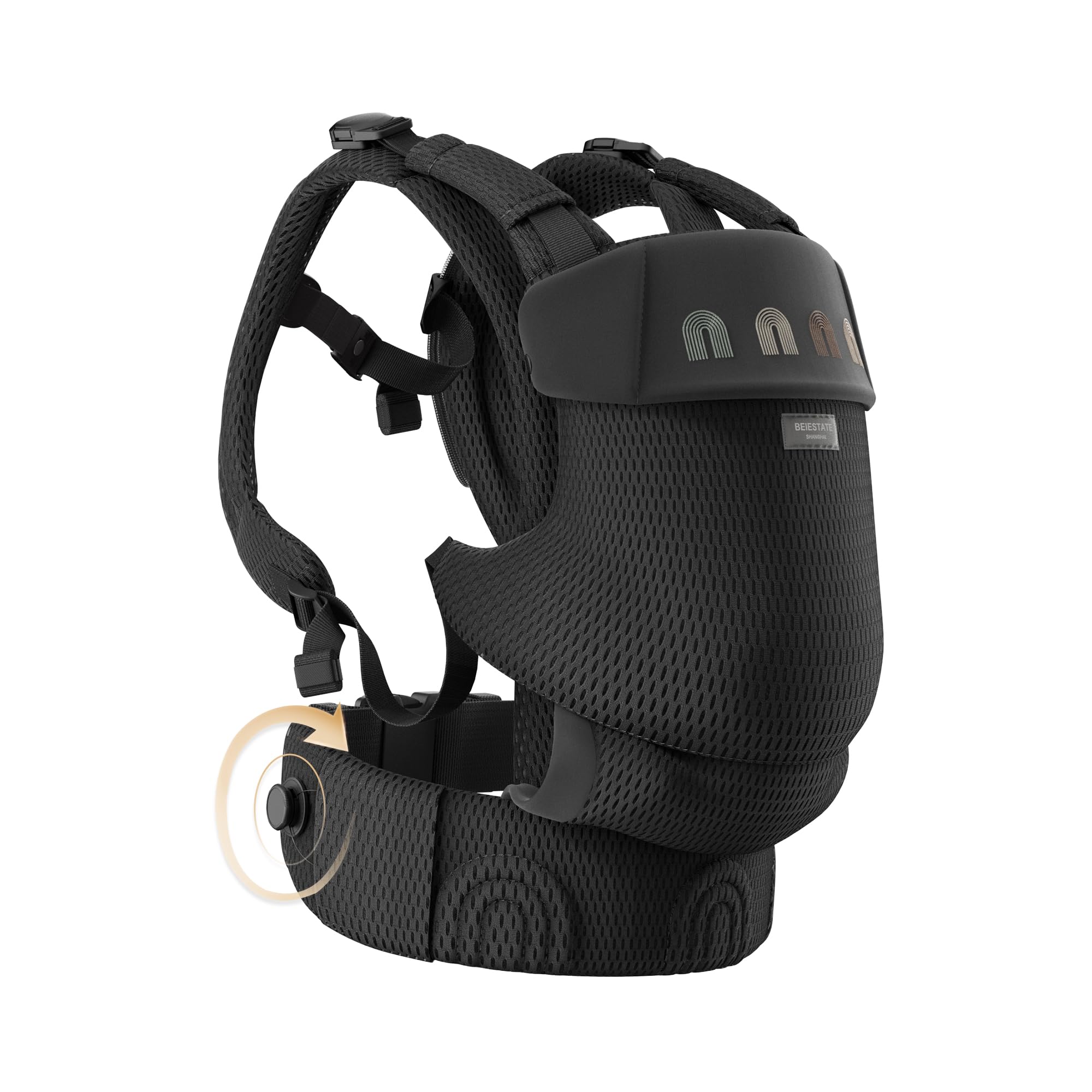 BEIESTATE Rainbow carrier waist knob closeup shows secure one-handed adjustment for busy parents.