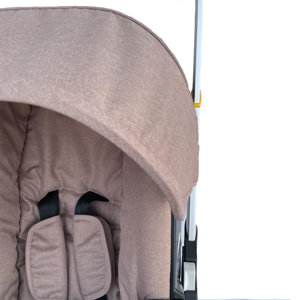 Beige canopy sunshade installed on Doona stroller demonstrates secure fit and shade.