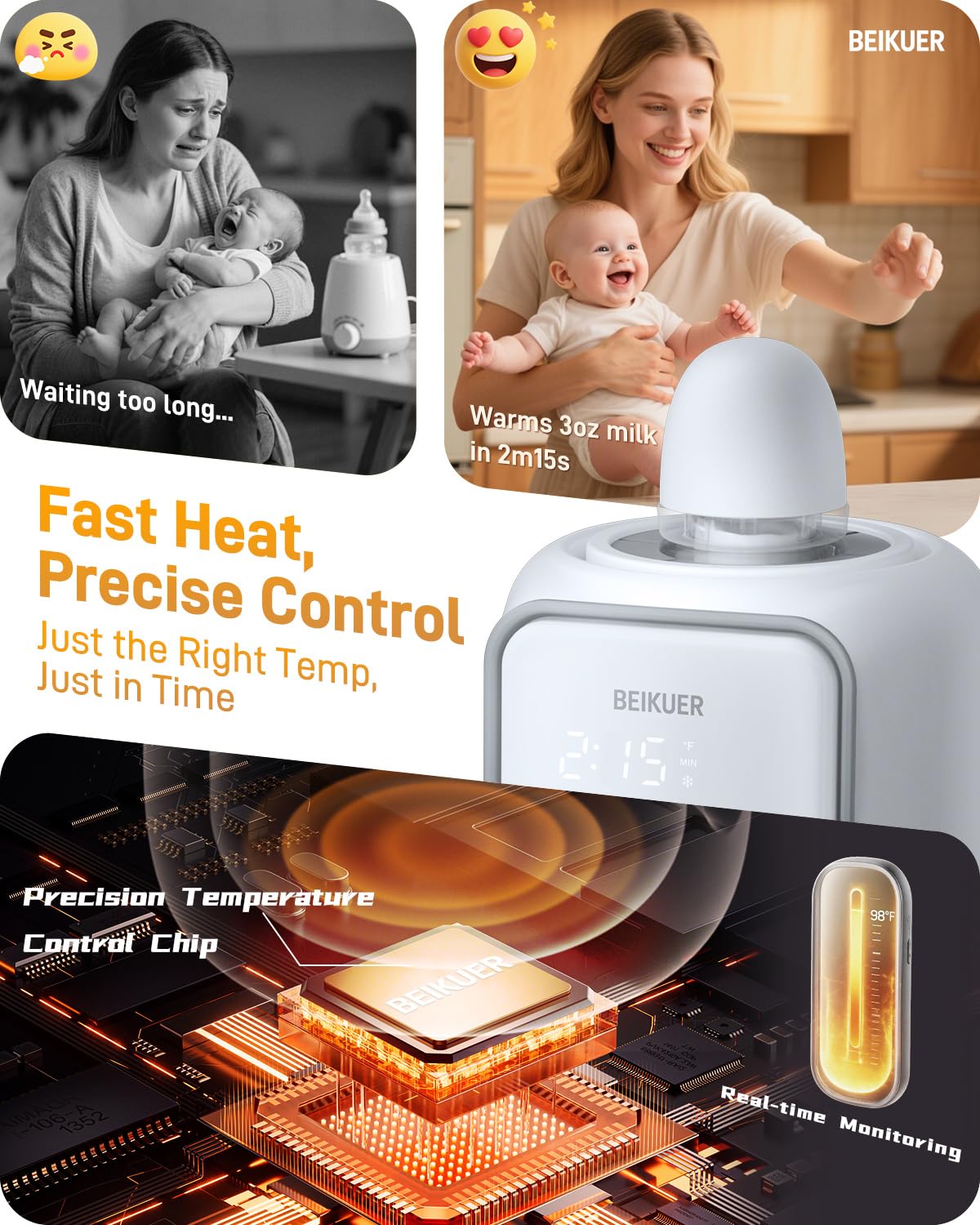 Beikuer 360-degree swirl heating action highlights even warming for bottle feeds.