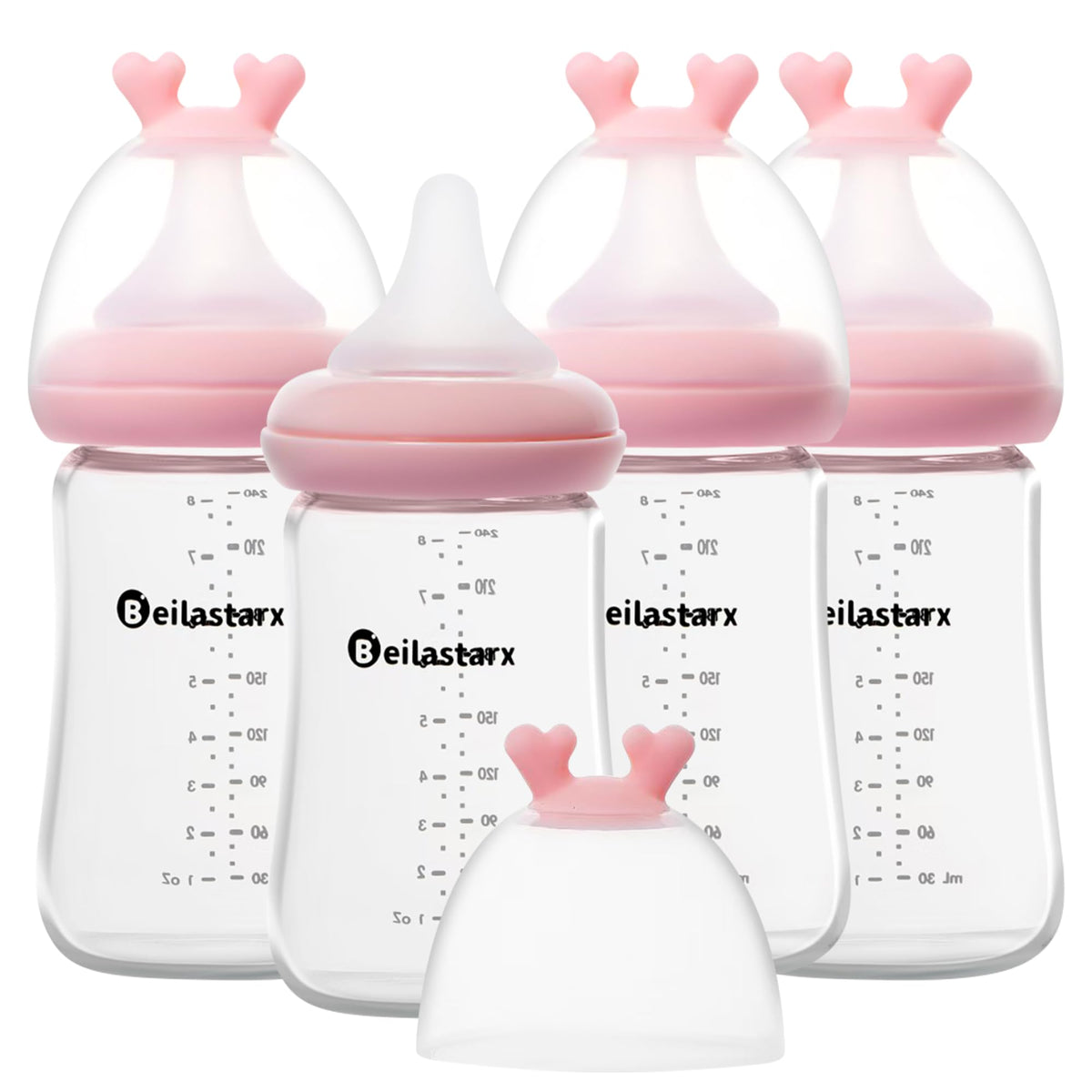 Beilastarx glass baby bottle closeup shows soft silicone nipple for natural feeding