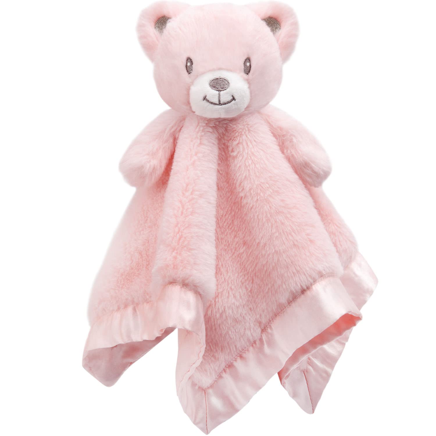 BEILIMU Baby Bear security blanket closeup shows ultra-soft minky pink fabric for cozy cuddles.