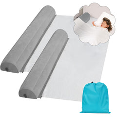 BeiliuDevise inflatable bed bumpers 2-pack on bed for safe toddler sleep while traveling.