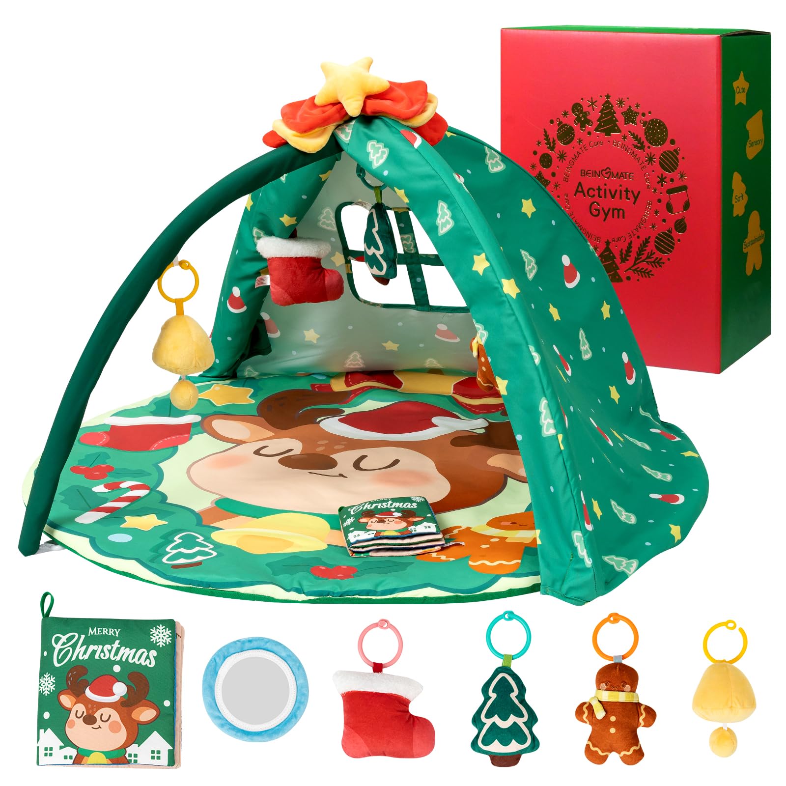 BEINGMATE Care Christmas Play Gym Mat tent setup encourages cozy tummy time play