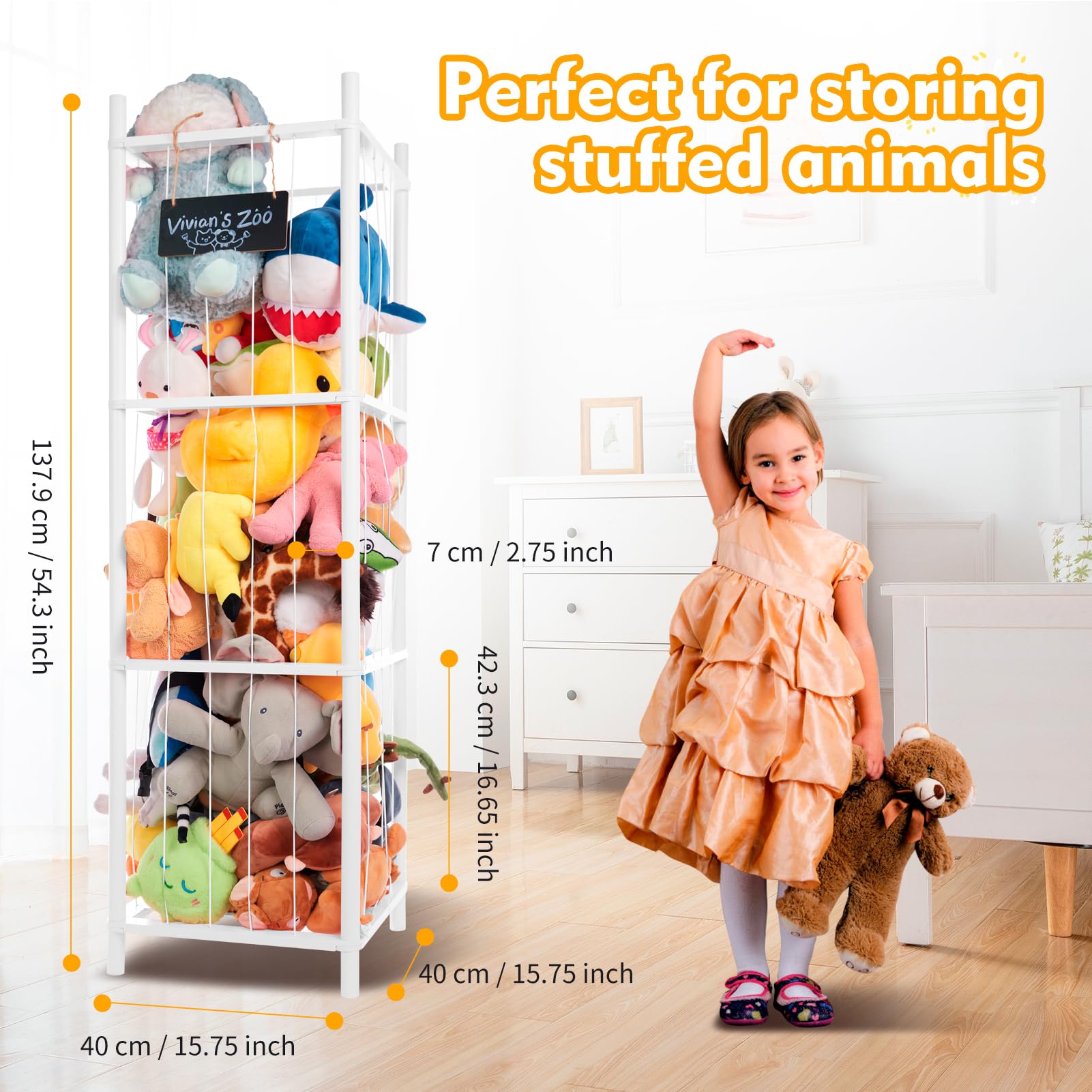 BEINGMATE Care wooden stuffed animal storage tower showcases tall vertical design saving floor space.