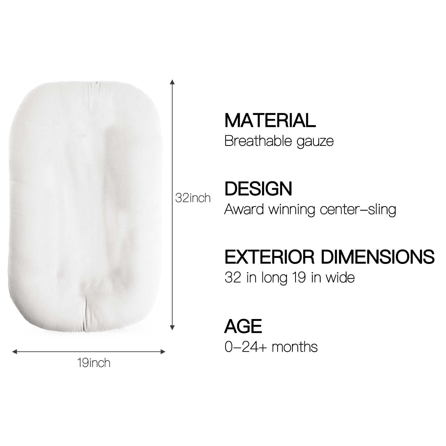 Beisurznga baby lounger shows 0–24 months use, supporting growth and self-adjustment.