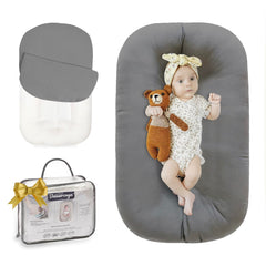 Beisurznga baby lounger grey setup for supervised playtime.