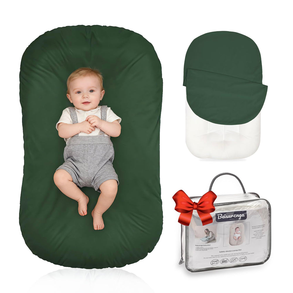 Beisurznga baby lounger moss cover closeup promotes soothing awake time with breathable fabric