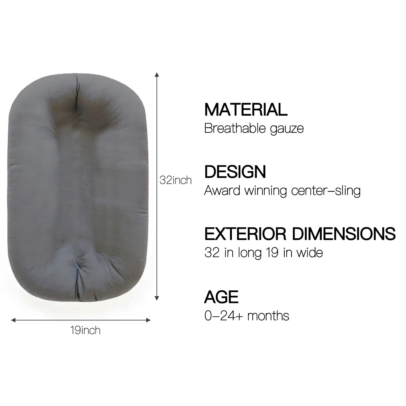 Beisurznga baby lounger size dimensions 32 by 19 inches.