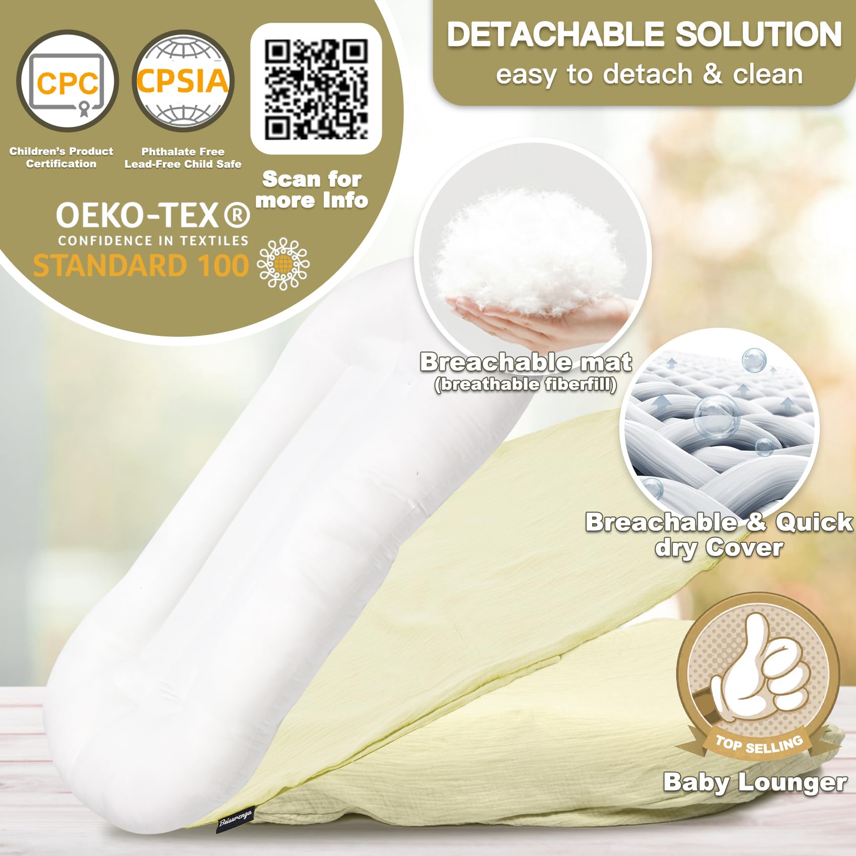 Beisurznga baby lounger yellow fabric close-up shows breathable cotton.