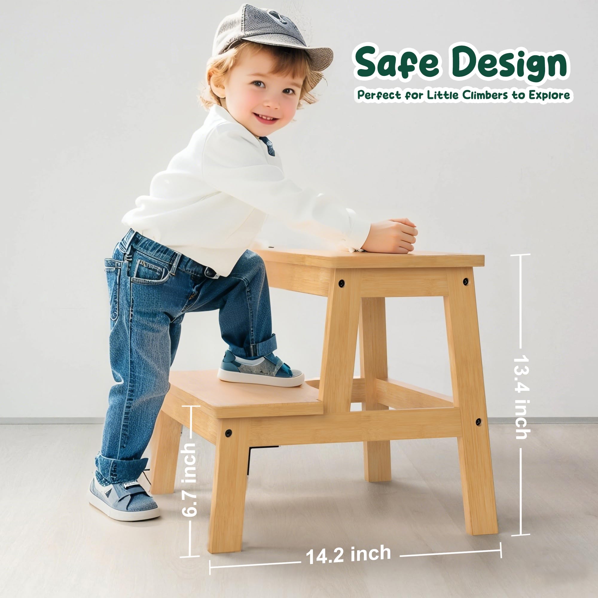 BEKVEM Bamboo 2 Step Stool for Adults: stable reach aid for kitchen shelves