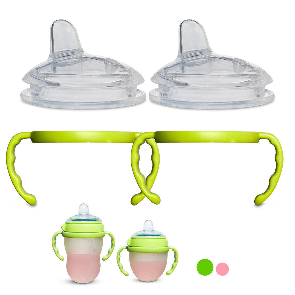 BelBeyo bottle handles with soft sippy spout in green for easy grip.