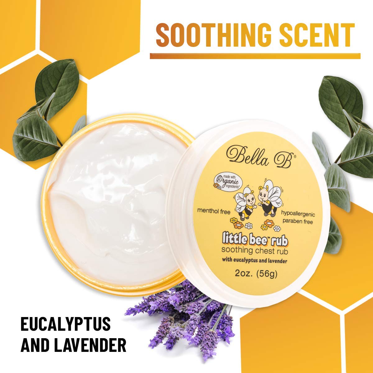 Bella B Little Bee chest rub label closeup shows calming lavender and eucalyptus aroma.