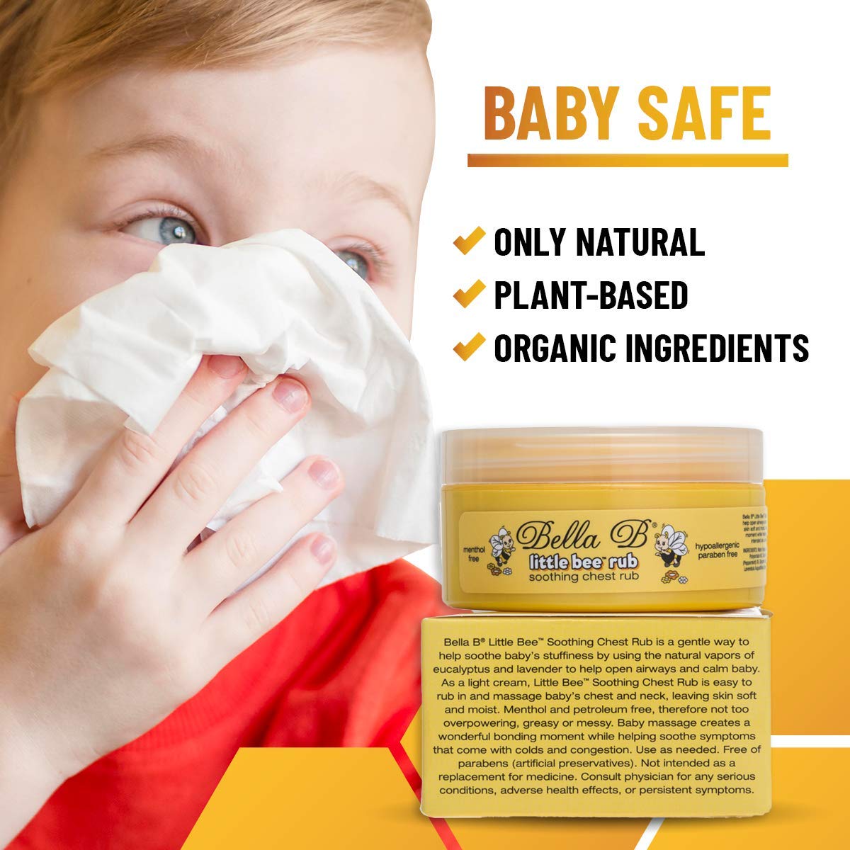 Bella B Little Bee vapor rub ingredients photo highlights natural plant-based components for soothing congestion.