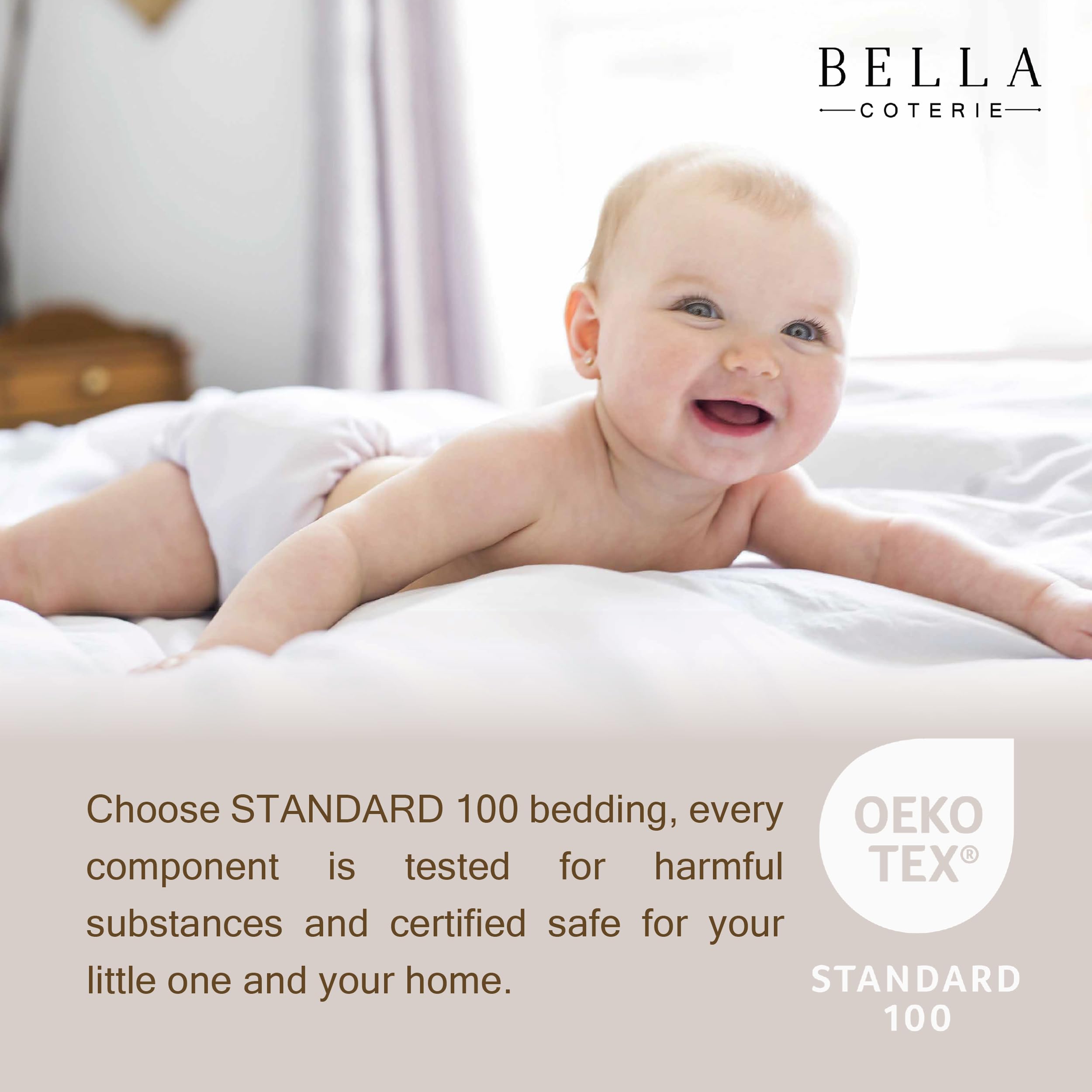 Bella Coterie bamboo crib sheet champagne on mattress demonstrates deep pocket fit
