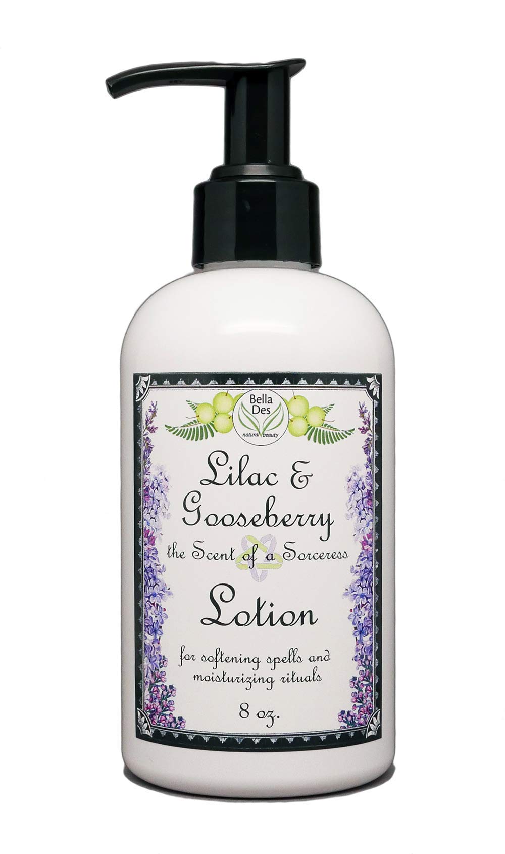 Bella Des Natural Beauty Lilac Gooseberry lotion bottle with pump enables easy daily hydration.