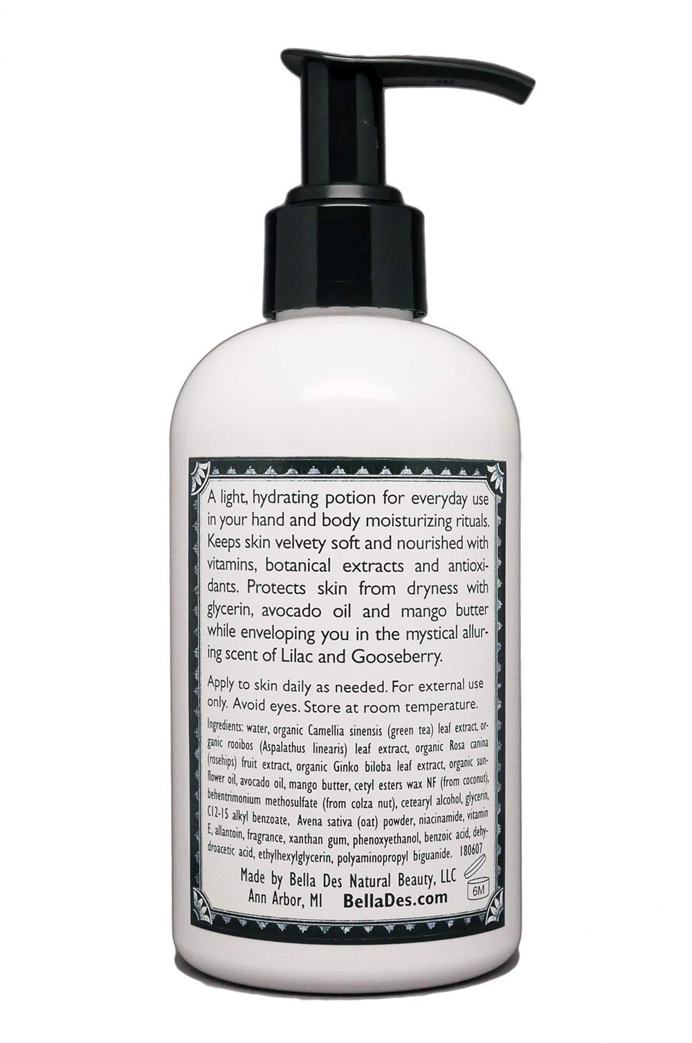 Bella Des Natural Beauty Lilac Gooseberry lotion closeup reveals lightweight, fast-absorbing hydration.