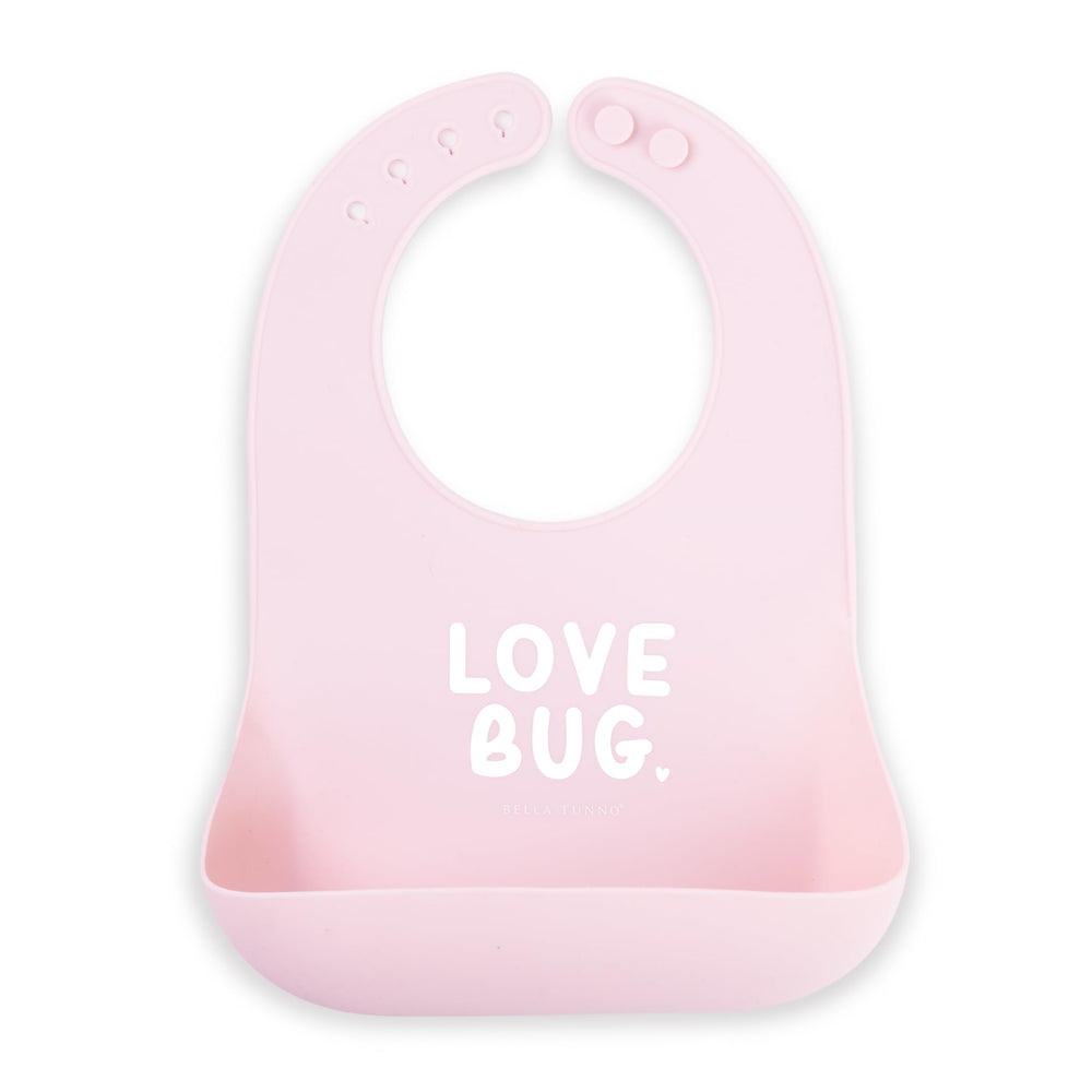 Bella Tunno baby bib with adjustable neck snaps and deep pocket for mess-free meals.
