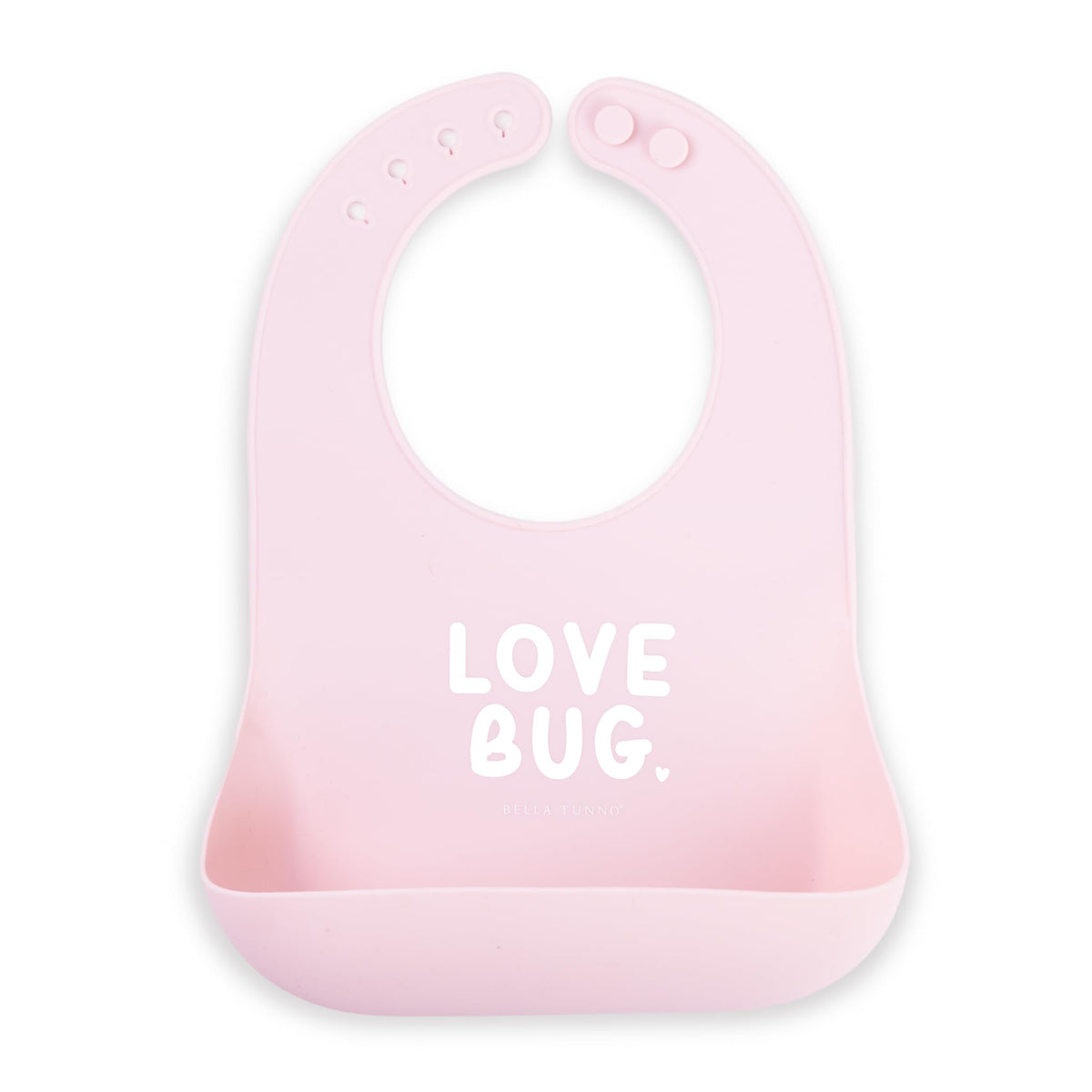 Bella Tunno baby bib with adjustable neck snaps and deep pocket for mess-free meals.