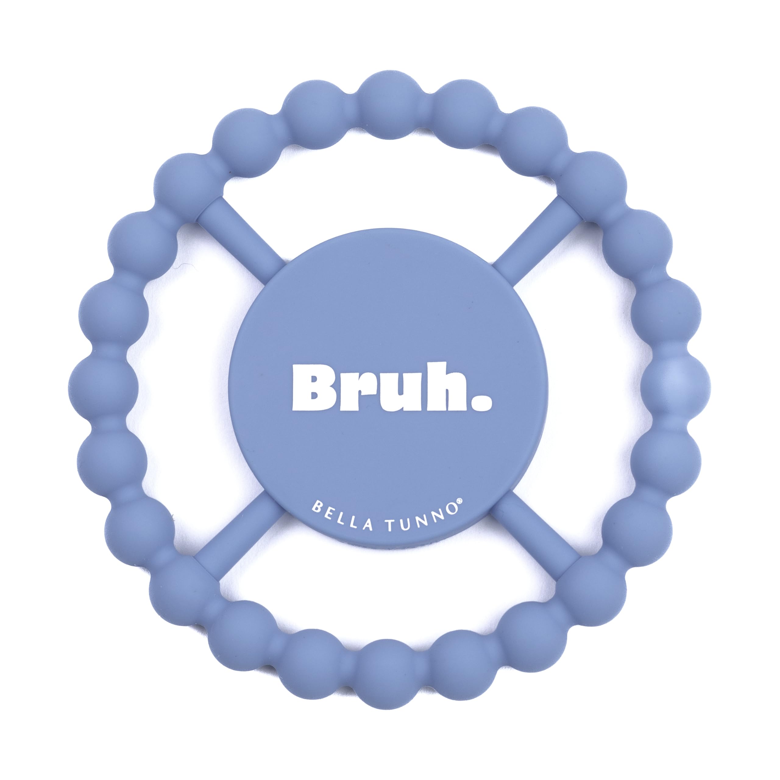 Bella Tunno Bruh teether held by baby shows easy grip for tiny hands and natural soothing.