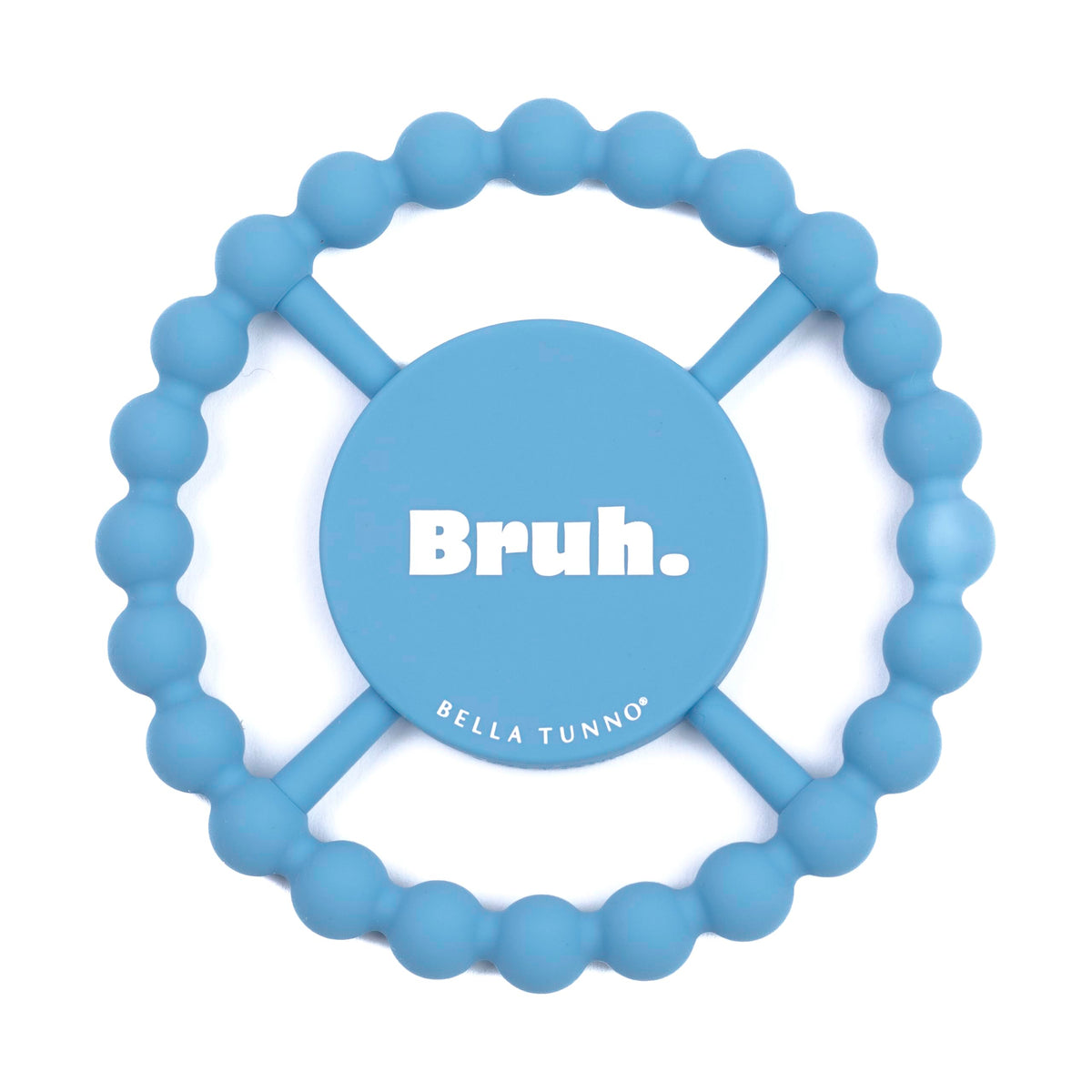 Bella Tunno Bruh teether held by baby shows easy grip for tiny hands and natural soothing.