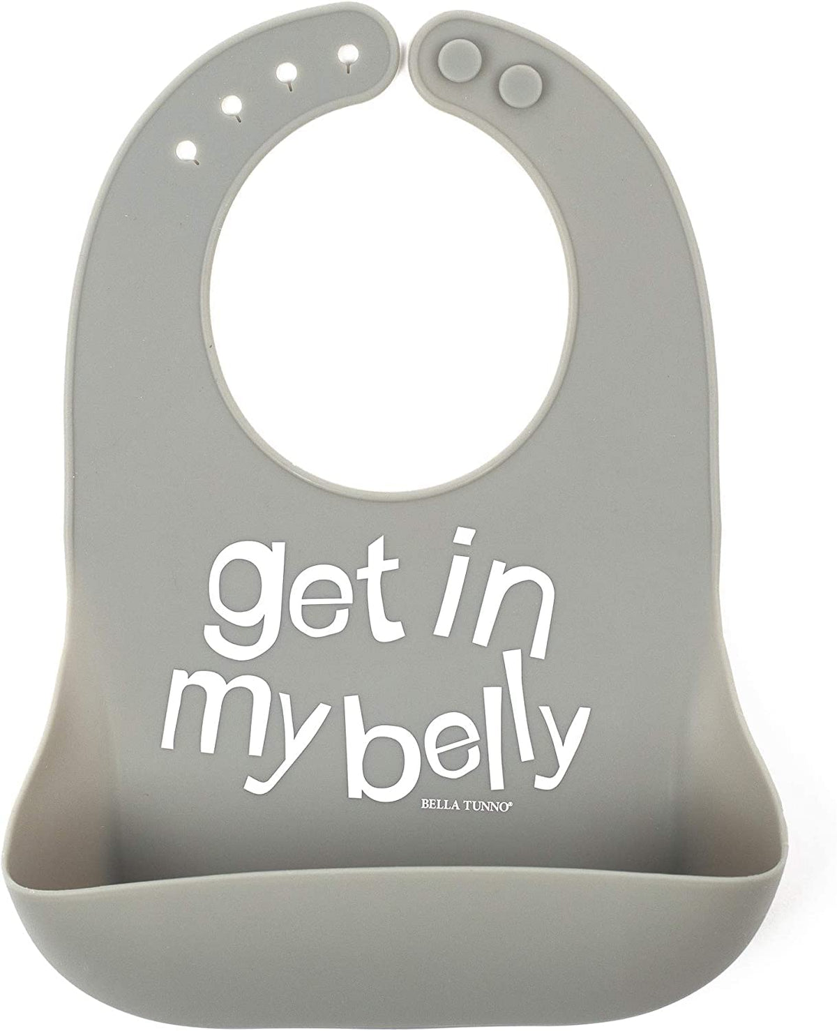 Bella Tunno Get In My Belly silicone bib closeup highlighting flexible material for mess-free meals