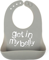 Bella Tunno Get In My Belly silicone bib closeup highlighting flexible material for mess-free meals