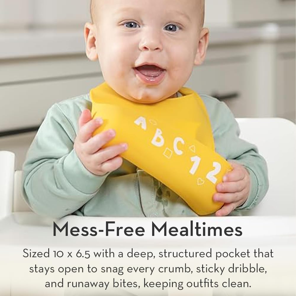 Bella Tunno Little Bites Bib adjustable-neck reveals comfy fit as baby grows.