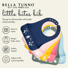 Bella Tunno Little Bites Bib pocket-catch demonstrates mess containment during first bites.