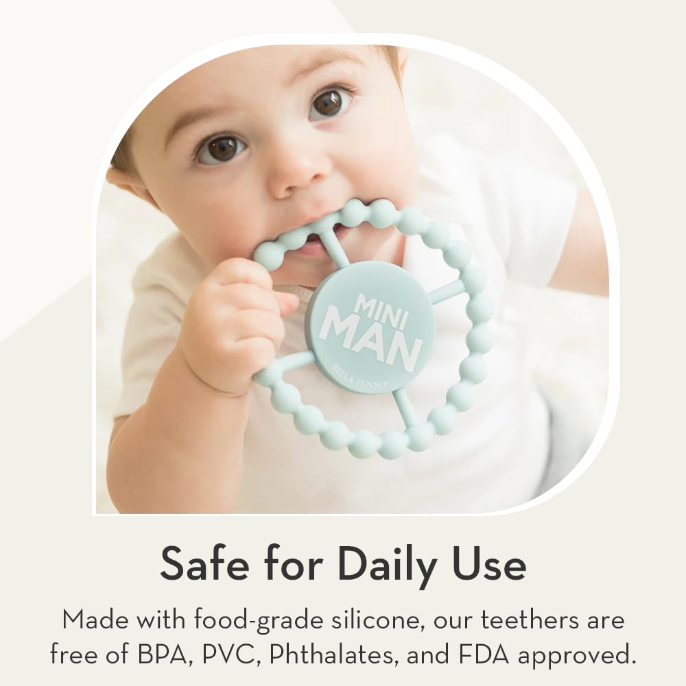 Bella Tunno Little Dude teether on dishwasher-safe design for simple cleanup after play.