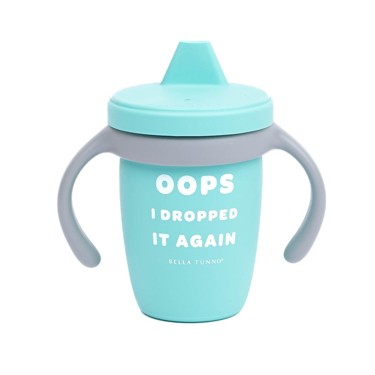 Bella Tunno Oops I Dropped It Again cup close-up highlights soft silicone spout for gentle sipping.