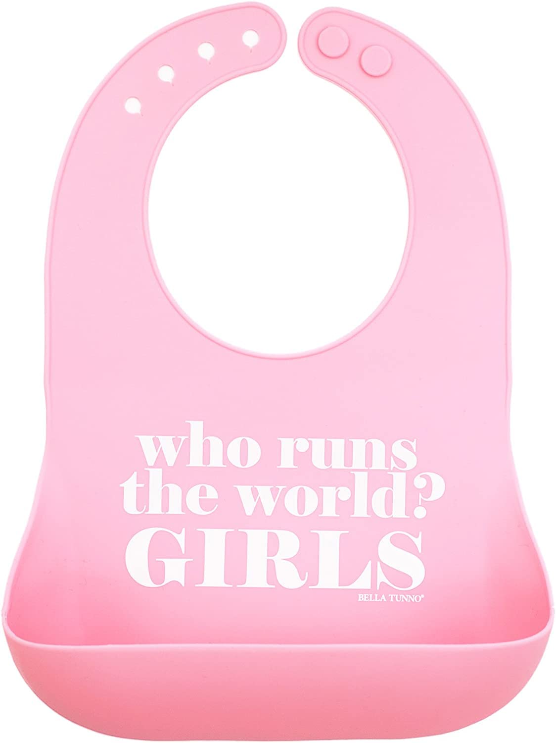 Bella Tunno Who Runs The World bib front view demonstrating crumb-catching design for mess-free meals.