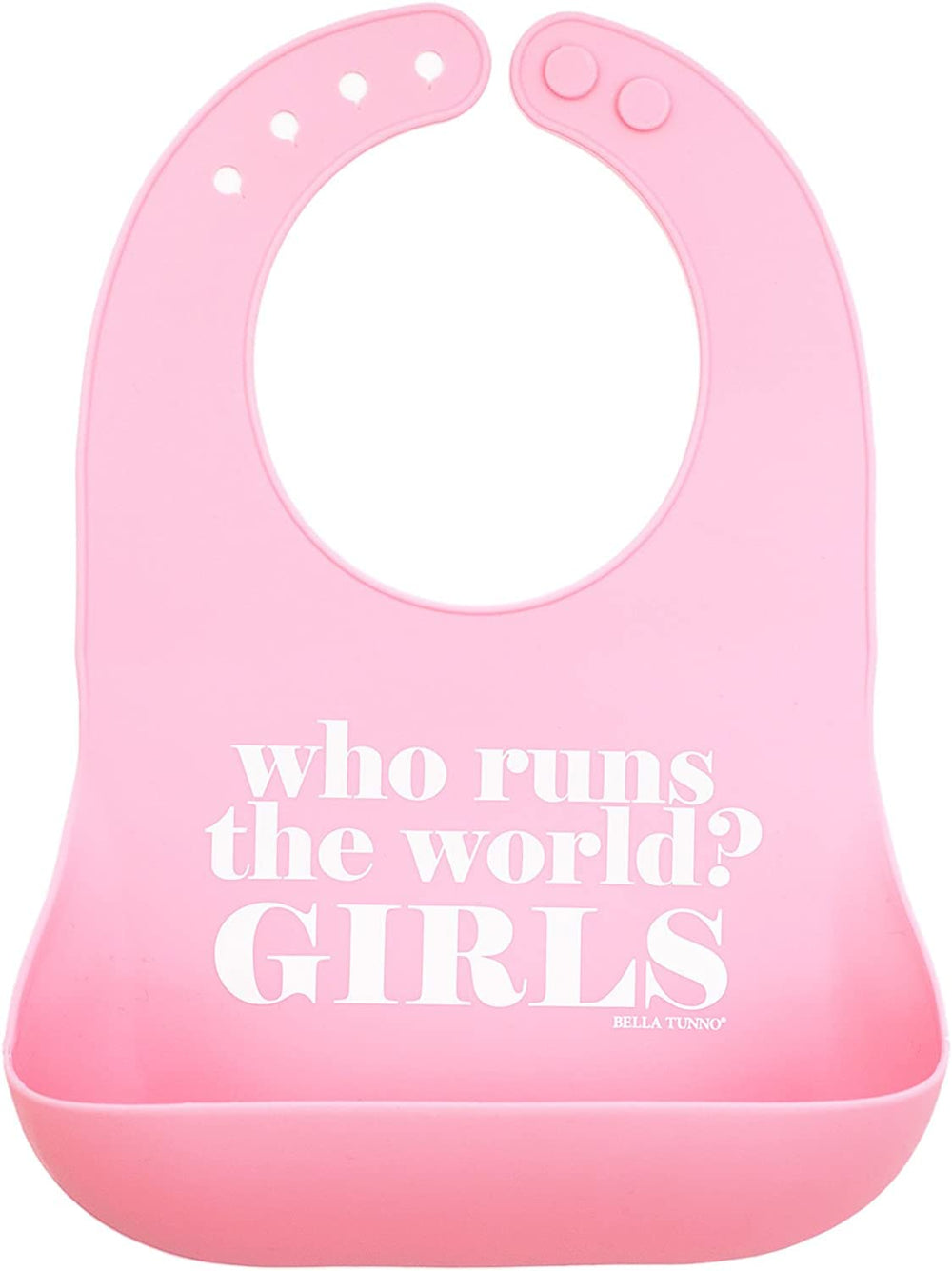 Bella Tunno Who Runs The World bib front view demonstrating crumb-catching design for mess-free meals.