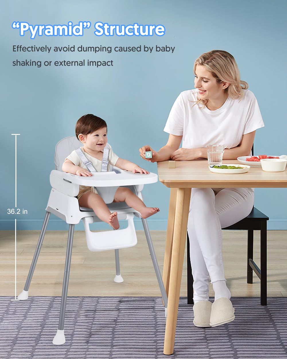 Bellababy 3in1 highchair in high-chair position supports secure feeding with a sturdy base.