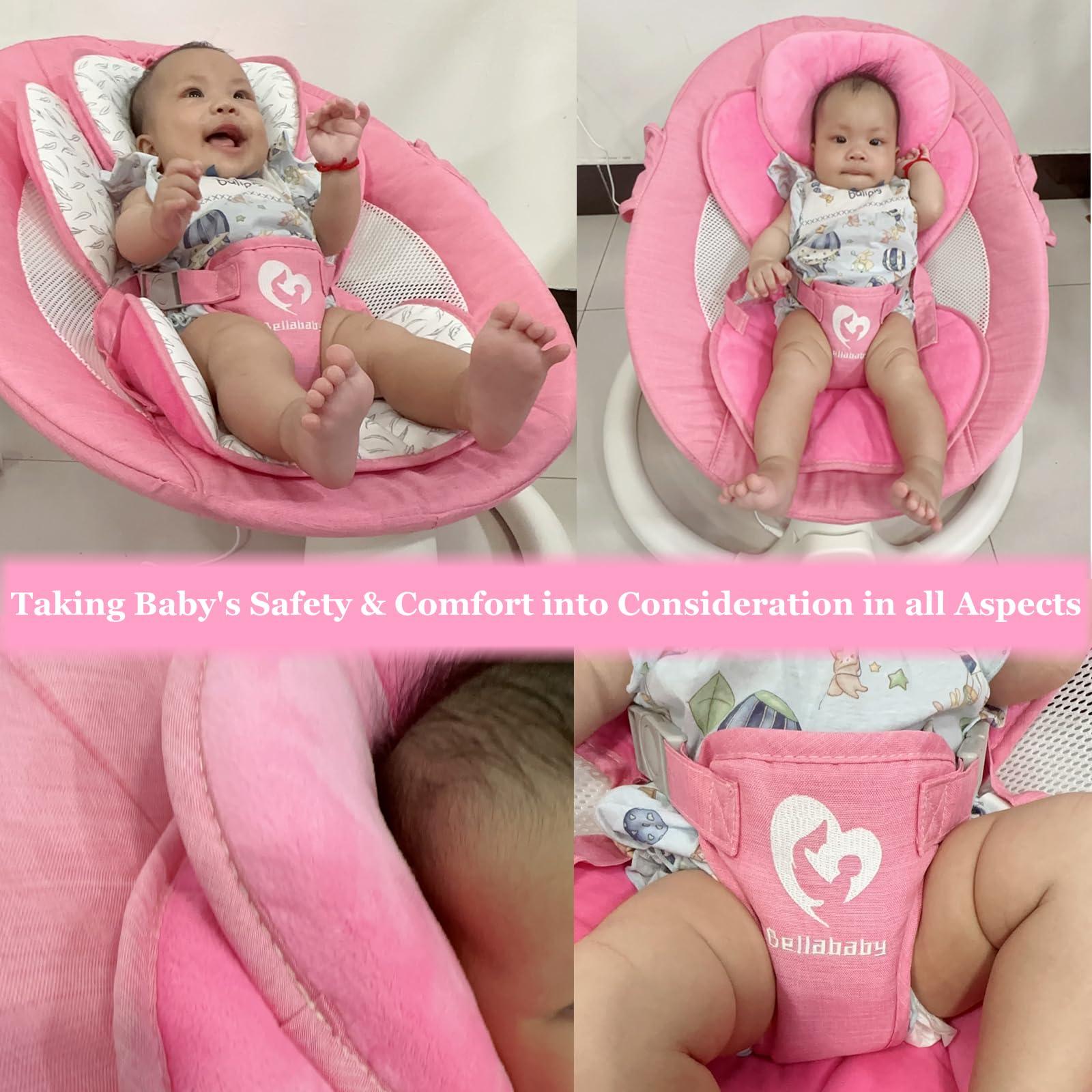 Bellababy baby swing demonstrates three seat positions for growing infants