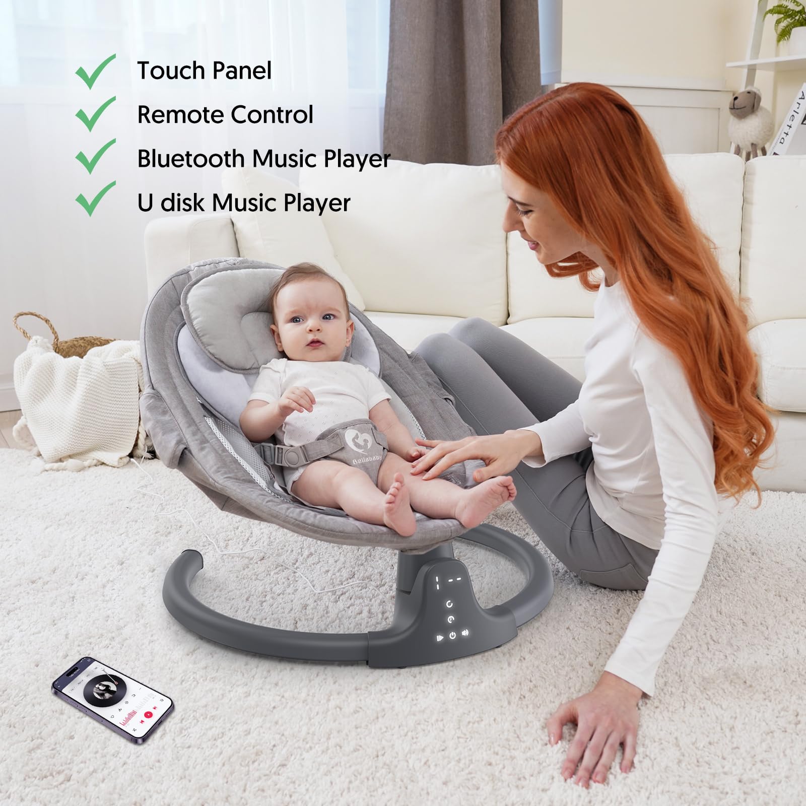 Bellababy 5-swing-speeds emulate gentle motions for soothing on demand.