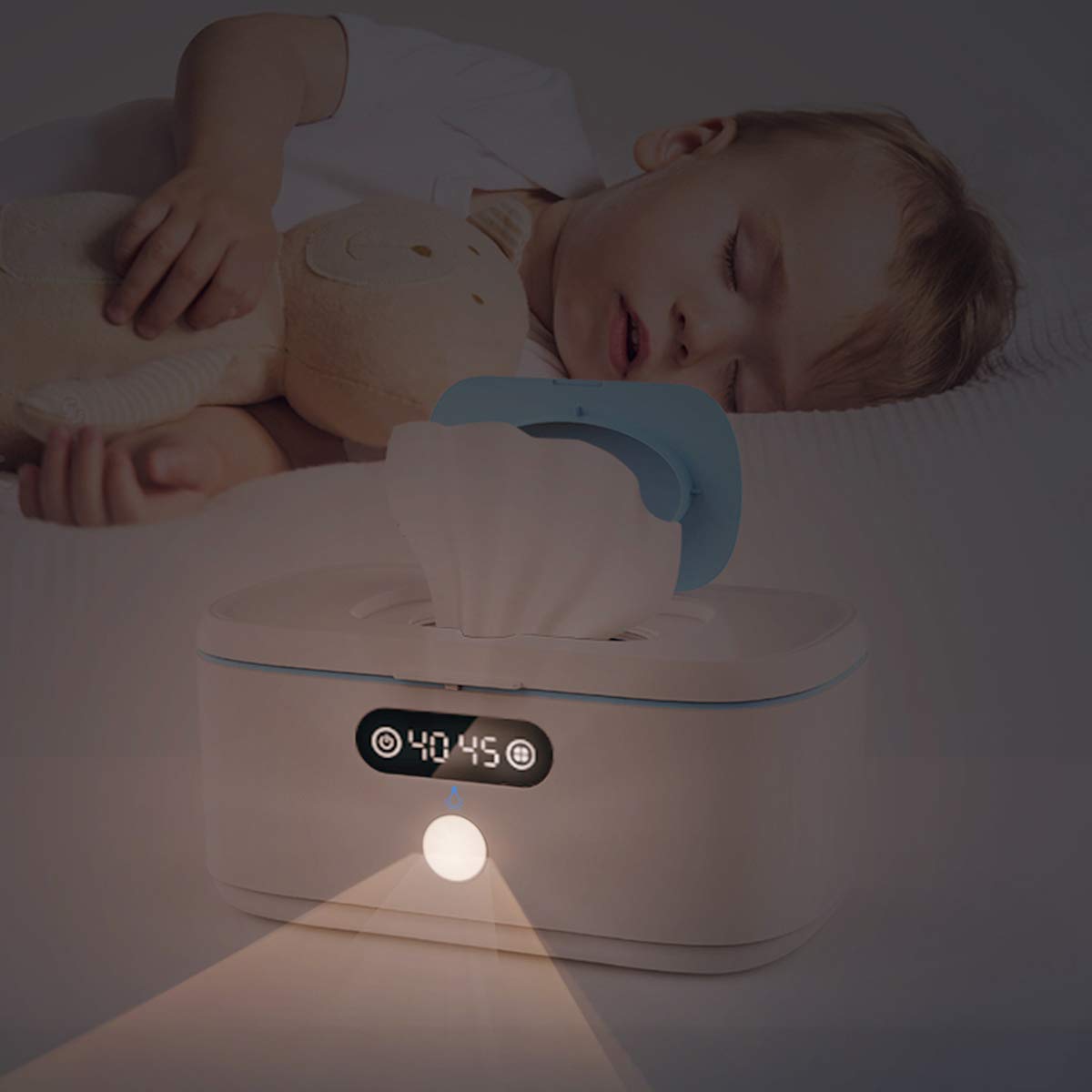 Bellababy wipe warmer night light illuminates changing table for late-night diaper changes.